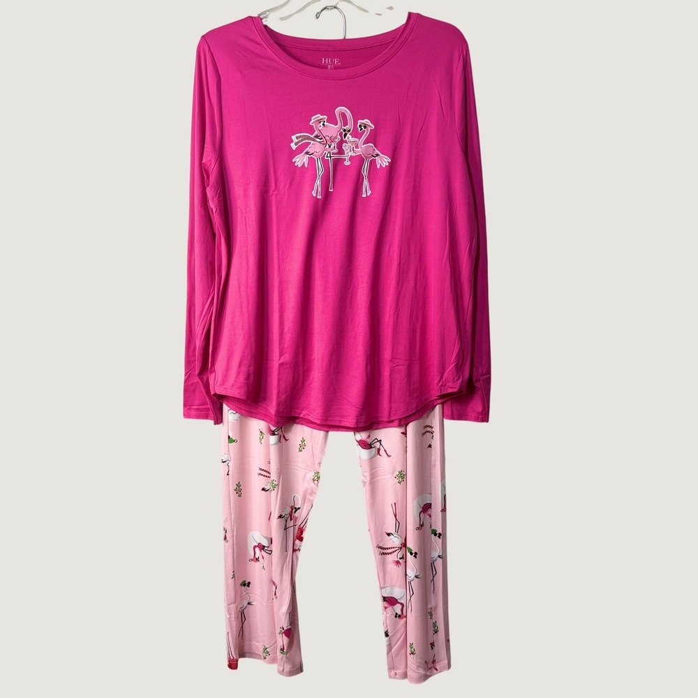 HUE Pajama Set Womens Large Pink Flamingo Long Sleeve Sleepwear Loungewear NWT